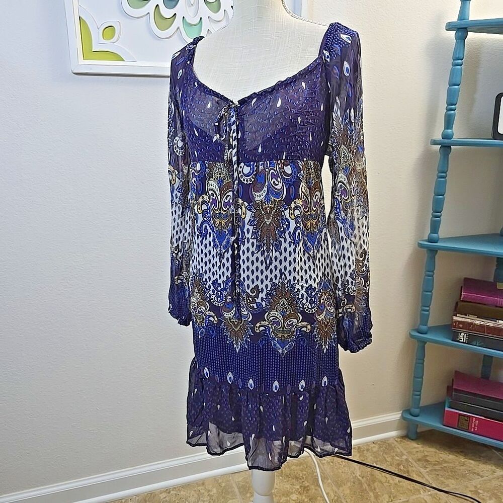 Target Xhilaration Sheer Lined Dress Purples Blues Sz XL Ruffle Long Sleeve